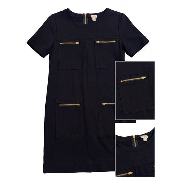 J. Crew Dresses & Skirts - J.Crew Womens Black Ponte Shift Dress Gold Zipper Pockets Size 8 Short Sleeve